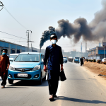 **

"A bustling city street in Pakistan, with modest cars and buses, fully clothed pedestrians wearing face masks to protect from pollution. In the background, factories emit some smoke, but the scene is realistic and not overly dramatic. Appropriate attire, safe for work, professional quality, perfect anatomy, natural proportions, family-friendly environment, well-formed hands, proper finger count."

**