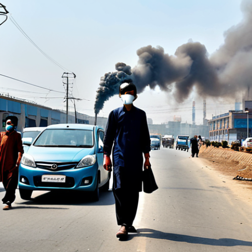 **

"A bustling city street in Pakistan, with modest cars and buses, fully clothed pedestrians wearing face masks to protect from pollution. In the background, factories emit some smoke, but the scene is realistic and not overly dramatic. Appropriate attire, safe for work, professional quality, perfect anatomy, natural proportions, family-friendly environment, well-formed hands, proper finger count."

**