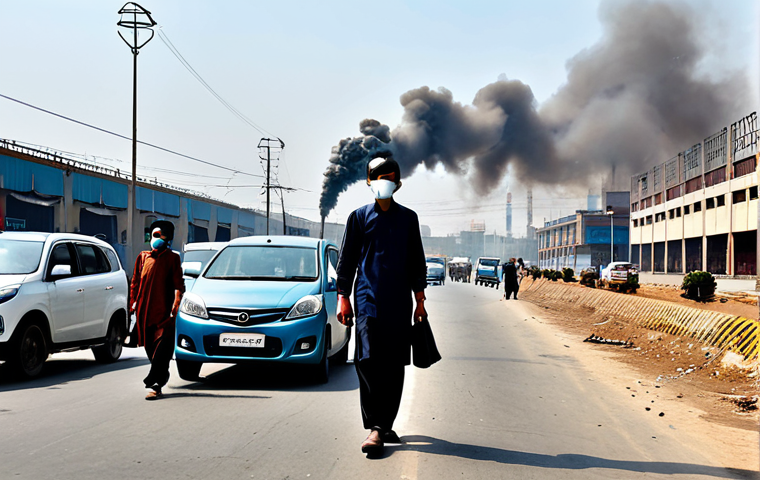 **

"A bustling city street in Pakistan, with modest cars and buses, fully clothed pedestrians wearing face masks to protect from pollution. In the background, factories emit some smoke, but the scene is realistic and not overly dramatic. Appropriate attire, safe for work, professional quality, perfect anatomy, natural proportions, family-friendly environment, well-formed hands, proper finger count."

**