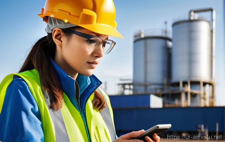 대기환경기사 실기 준비 도구 목록 - **Prompt 1: Fieldwork and Measurement**
"A professional female air environmental engineer, weari...