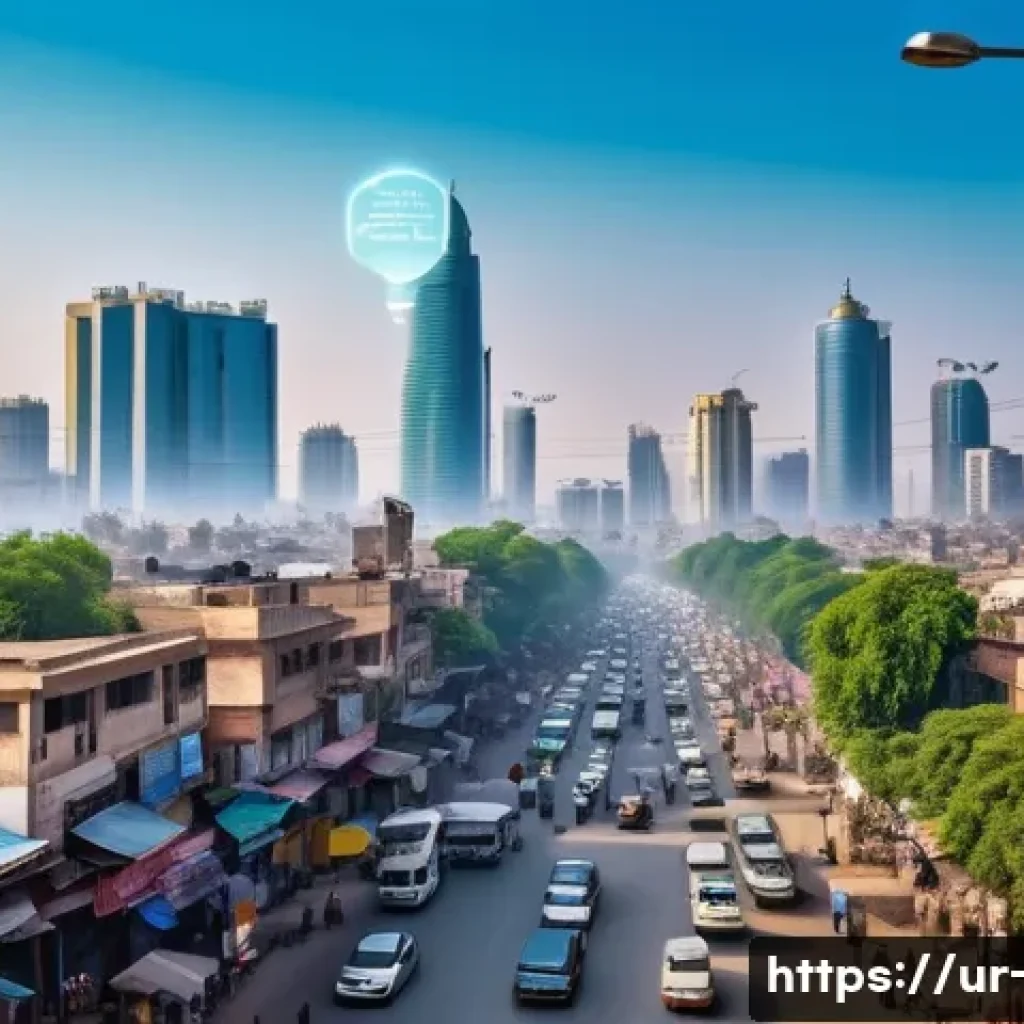 대기오염 관리와 기술 트렌드 - A detailed futuristic urban scene in Pakistan showing digital air quality sensors mounted on streetl...