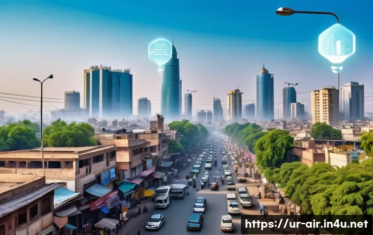 대기오염 관리와 기술 트렌드 - A detailed futuristic urban scene in Pakistan showing digital air quality sensors mounted on streetl...