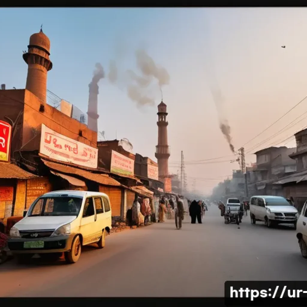 대기환경 산업기사 필기 과목별 공부법 - A detailed urban scene in a bustling Pakistani city showing various sources of air pollution: dense ...