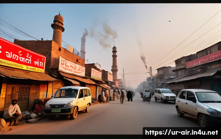 대기환경 산업기사 필기 과목별 공부법 - A detailed urban scene in a bustling Pakistani city showing various sources of air pollution: dense ...