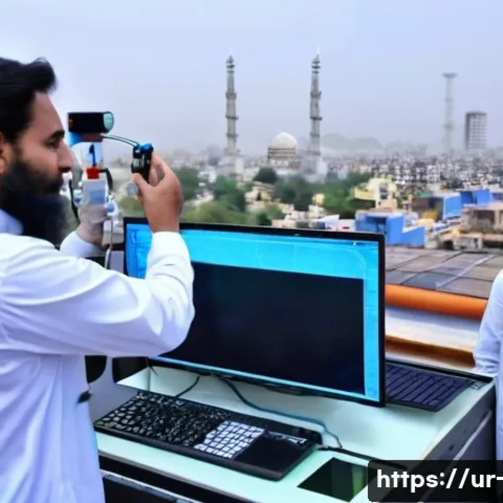 대기환경 실기 시험 실습 사례 - A detailed outdoor scene showing the installation of advanced air quality sensors on the rooftop of ...