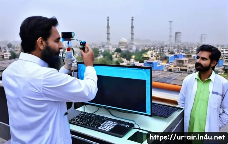 대기환경 실기 시험 실습 사례 - A detailed outdoor scene showing the installation of advanced air quality sensors on the rooftop of ...