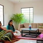 Home 21 대기환경분야 최신 연구 동향 - A modern indoor scene showing a South Asian family in a clean, well-lit living room with a visible H...