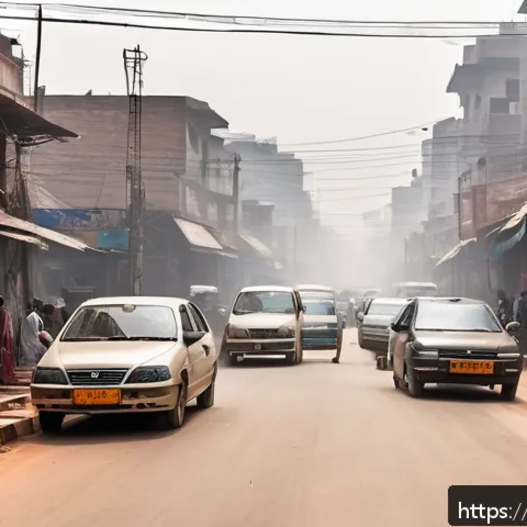 대기환경 이론 미세먼지와 초미세먼지 차이 - A detailed urban street scene in a busy Pakistani city during winter, showing visible micro particle...