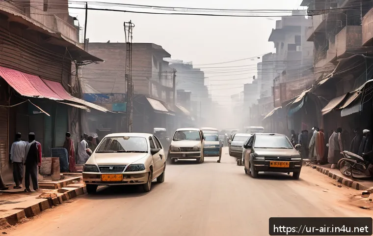 대기환경 이론 미세먼지와 초미세먼지 차이 - A detailed urban street scene in a busy Pakistani city during winter, showing visible micro particle...