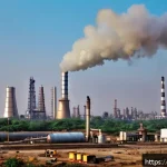 Home 18 대기환경기사 필기 필수 암기 포인트 - A detailed industrial factory chimney releasing visible smoke into the air, surrounded by modern air...