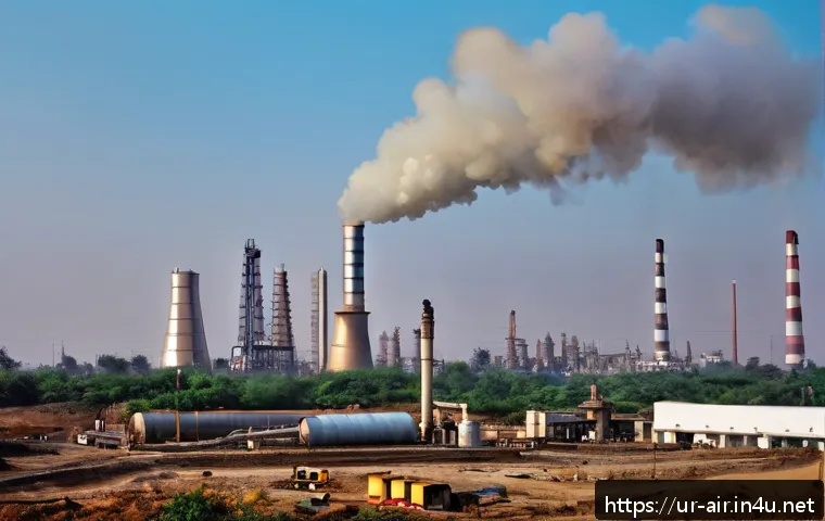 대기환경기사 필기 필수 암기 포인트 - A detailed industrial factory chimney releasing visible smoke into the air, surrounded by modern air...